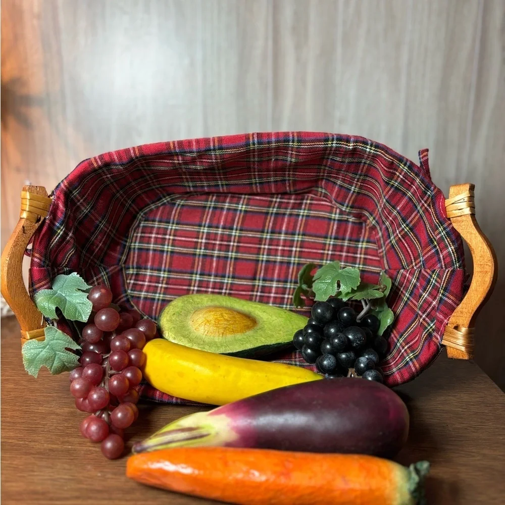 Decorative Folk Art Faux Fruit Vegetable Basket Plaid Liner Glazed Paper Mache